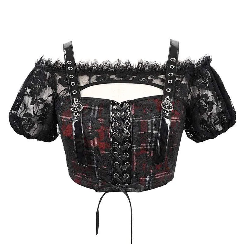 Damen Gothic Lace Overlay Scottish Check Short Puffed Sleeve Tops