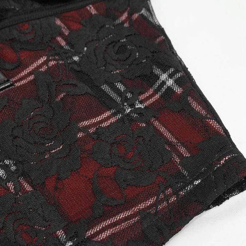 Damen Gothic Lace Overlay Scottish Check Short Puffed Sleeve Tops
