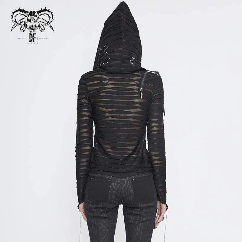 Damen Gothic Asymmetrical Sheer Langarm Tops mit Kapuze