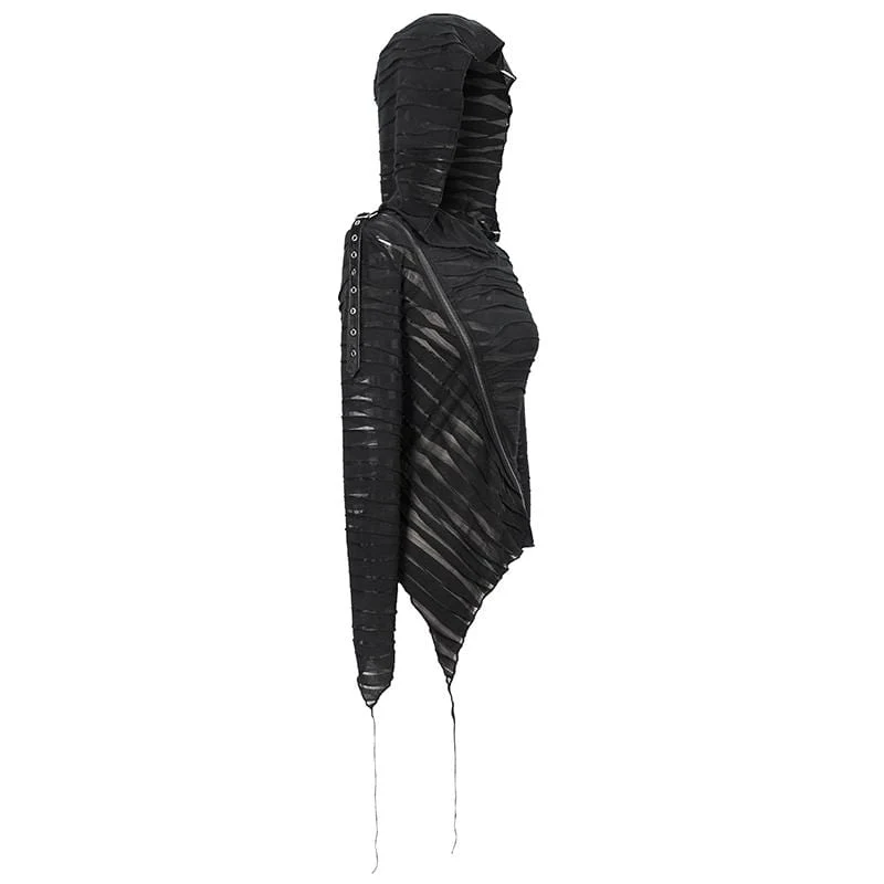 Damen Gothic Asymmetrical Sheer Langarm Tops mit Kapuze