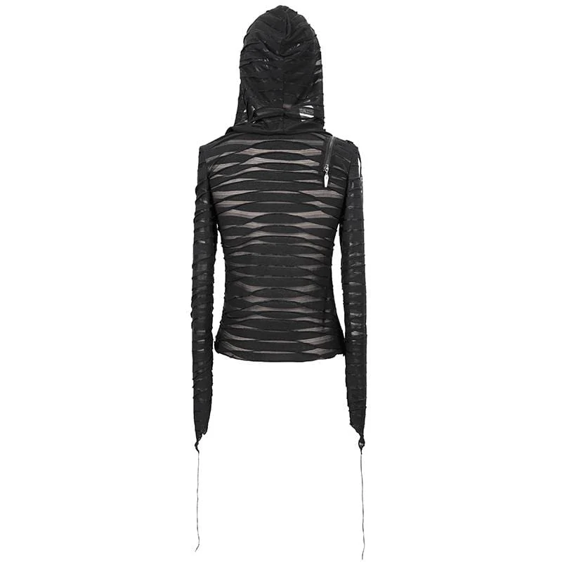 Damen Gothic Asymmetrical Sheer Langarm Tops mit Kapuze
