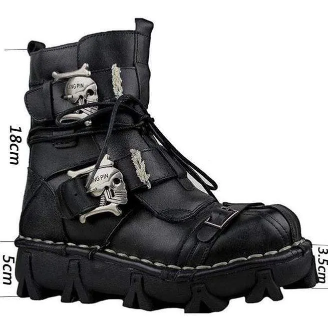 Herren Punk Skull Straps Rindsleder Lederstiefel