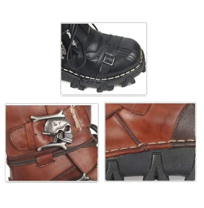 Herren Punk Skull Straps Rindsleder Lederstiefel