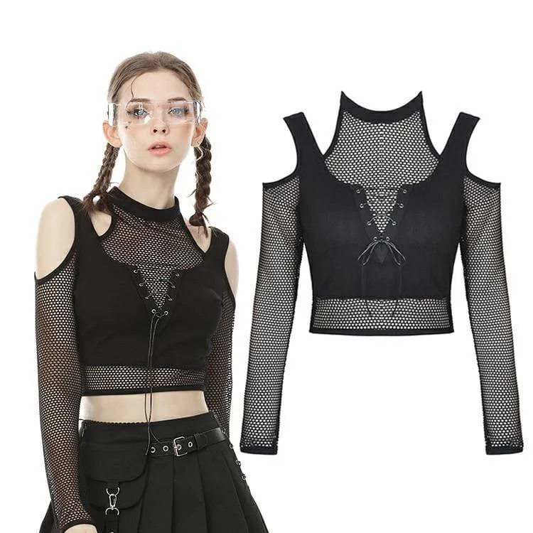 Frauen Punk Cutout Schulter Sheer Mesh Tops