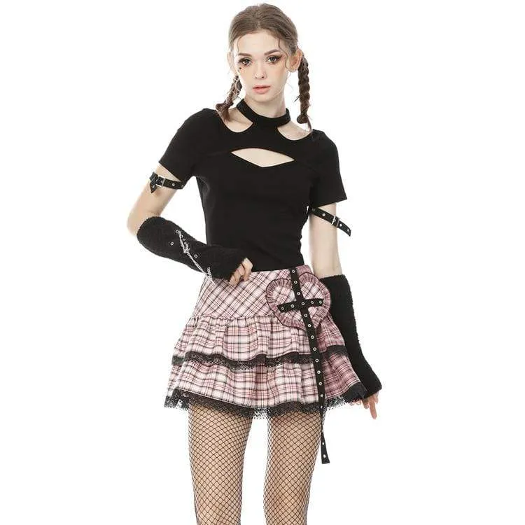 Damen Lolita Rock Heart Pink Plaid Miniröcke mit Spitzensaum