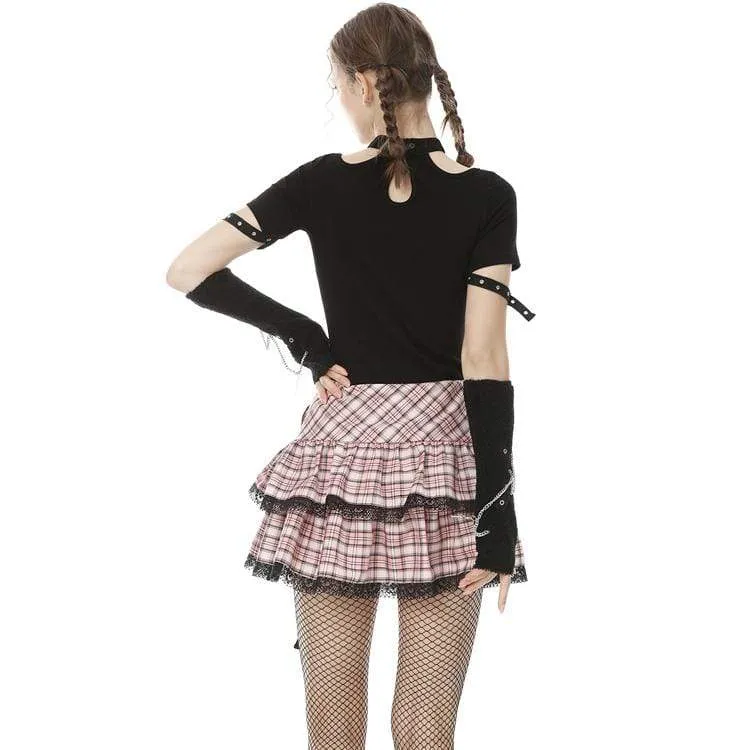 Damen Lolita Rock Heart Pink Plaid Miniröcke mit Spitzensaum