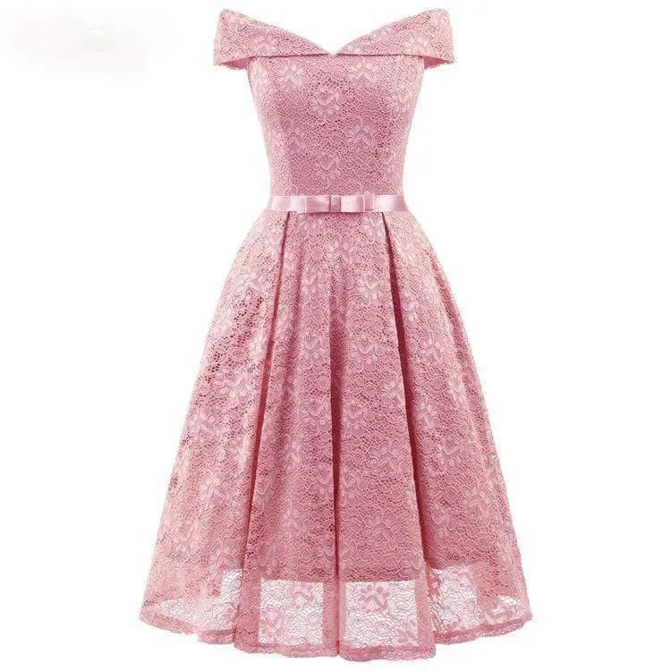Damen Vintage Schulterfrei Spitze Partykleider Brautjungfernkleider mit Schleife Gürtel Hochzeitskleid