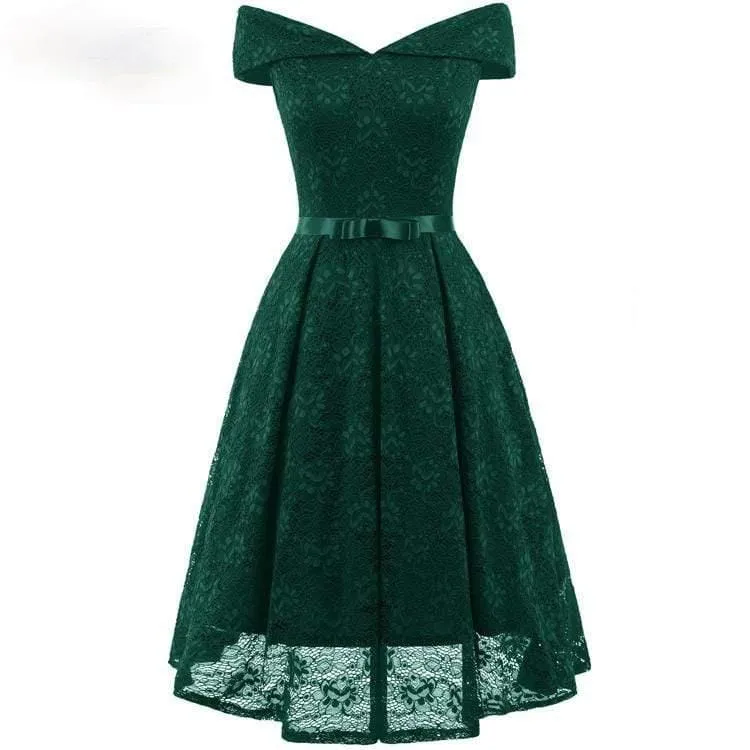Damen Vintage Schulterfrei Spitze Partykleider Brautjungfernkleider mit Schleife Gürtel Hochzeitskleid