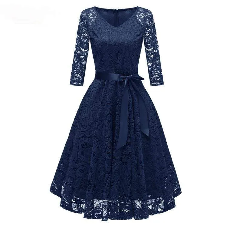 Damen Vintage Spitze Partykleider Brautjungfernkleider mit Schleife Gürtel Hochzeitskleid