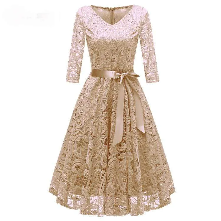 Damen Vintage Spitze Partykleider Brautjungfernkleider mit Schleife Gürtel Hochzeitskleid