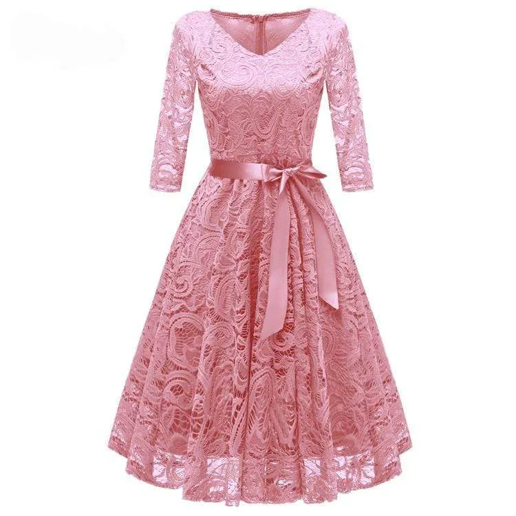 Damen Vintage Spitze Partykleider Brautjungfernkleider mit Schleife Gürtel Hochzeitskleid