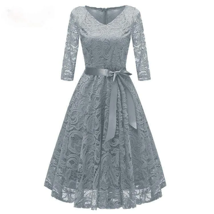 Damen Vintage Spitze Partykleider Brautjungfernkleider mit Schleife Gürtel Hochzeitskleid
