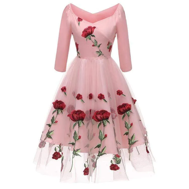 Damen Vintage Rose Spitze Partykleider Brautjungfernkleider Netzkleider Hochzeitskleid