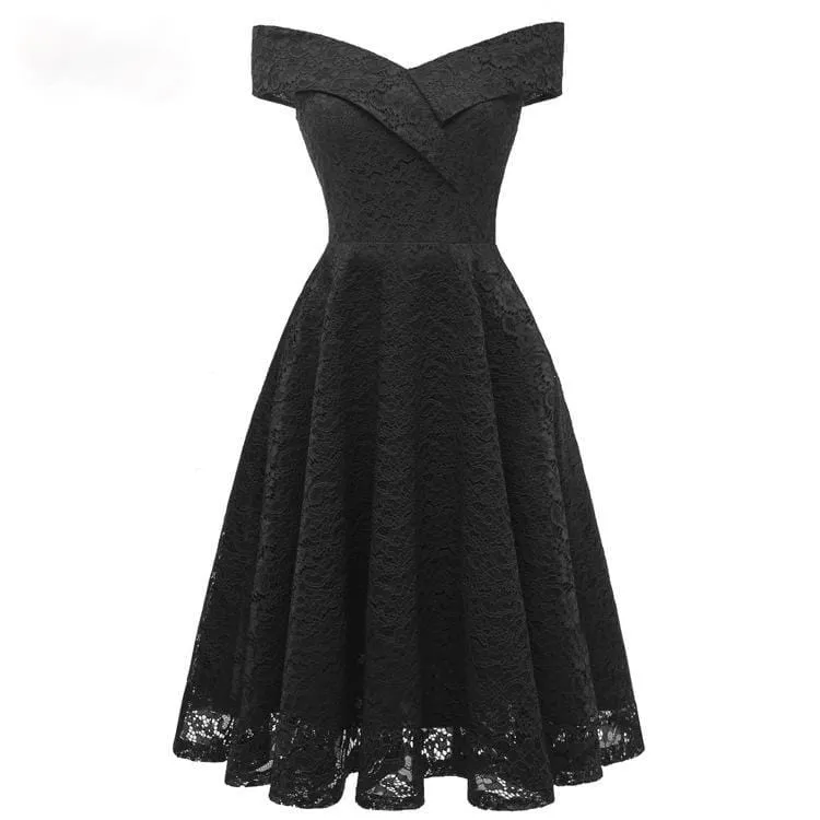 Damen Vintage Schulterfrei Spitze Partykleider Brautjungfernkleider Hochzeitskleid