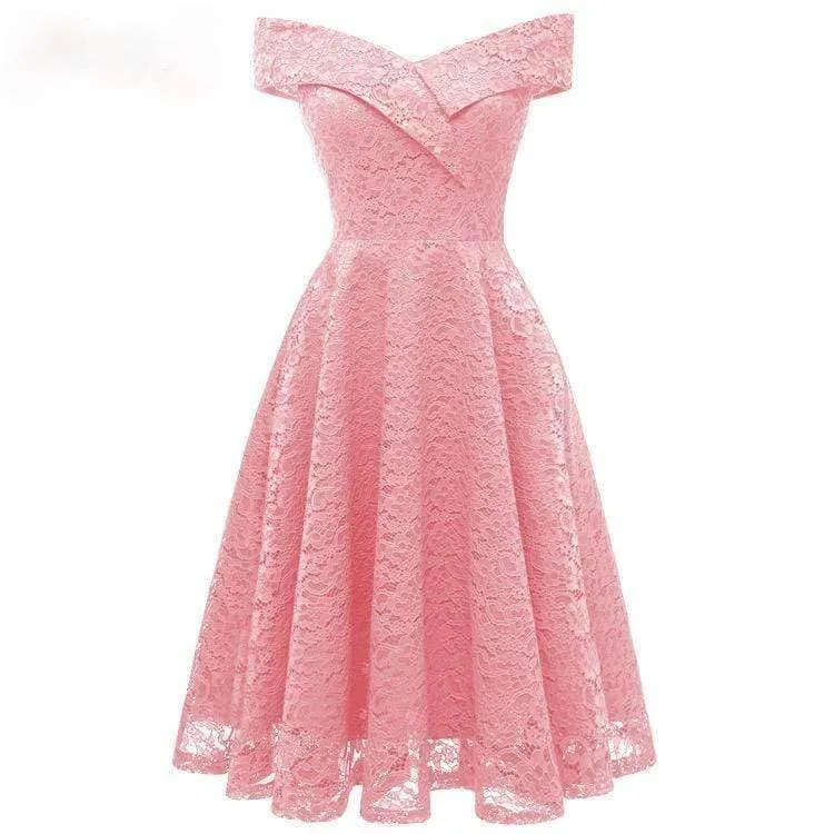 Damen Vintage Schulterfrei Spitze Partykleider Brautjungfernkleider Hochzeitskleid