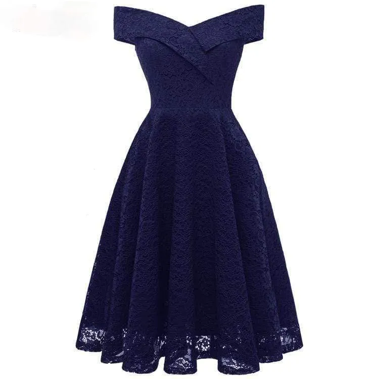 Damen Vintage Schulterfrei Spitze Partykleider Brautjungfernkleider Hochzeitskleid