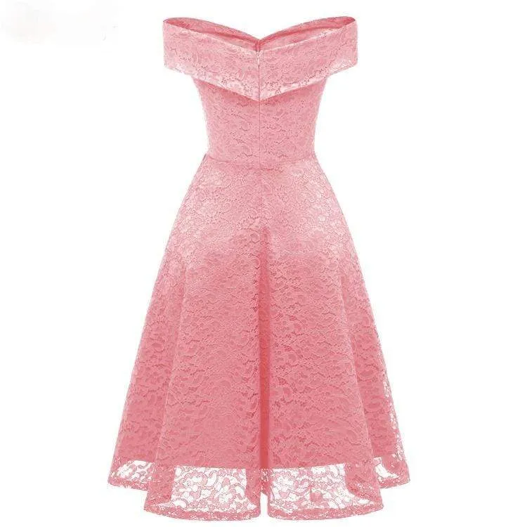 Damen Vintage Schulterfrei Spitze Partykleider Brautjungfernkleider Hochzeitskleid