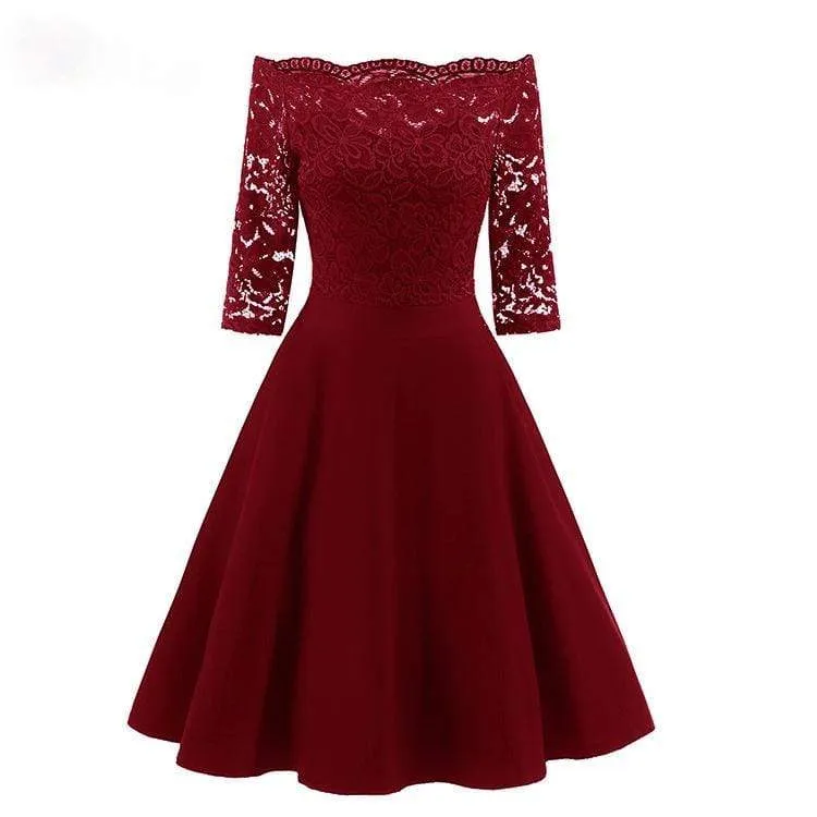 Damen Schulterfrei Spitze Partykleider Brautjungfernkleider Hochzeitskleid