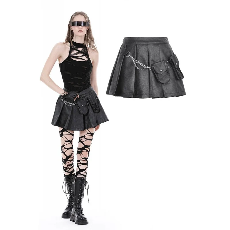Punk-Faltenrock aus Kunstleder mit mehreren Taschen für Damen