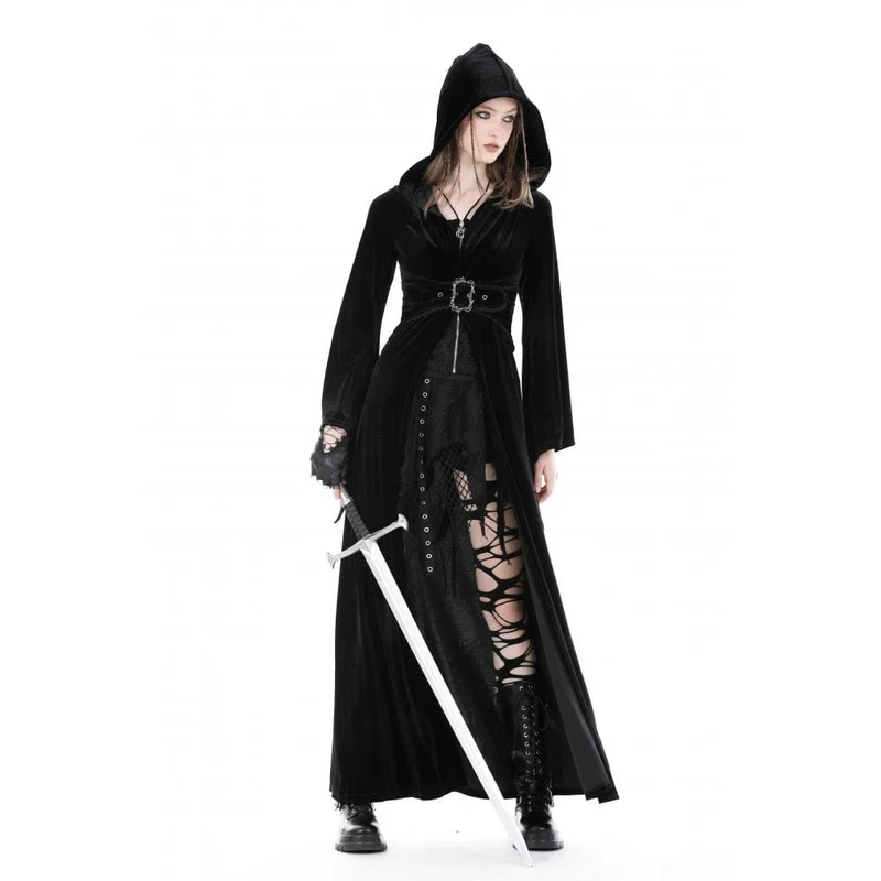 Damen-Gothic-Samtmantel mit ausgestellten Ärmeln, Schnalle und Kapuze