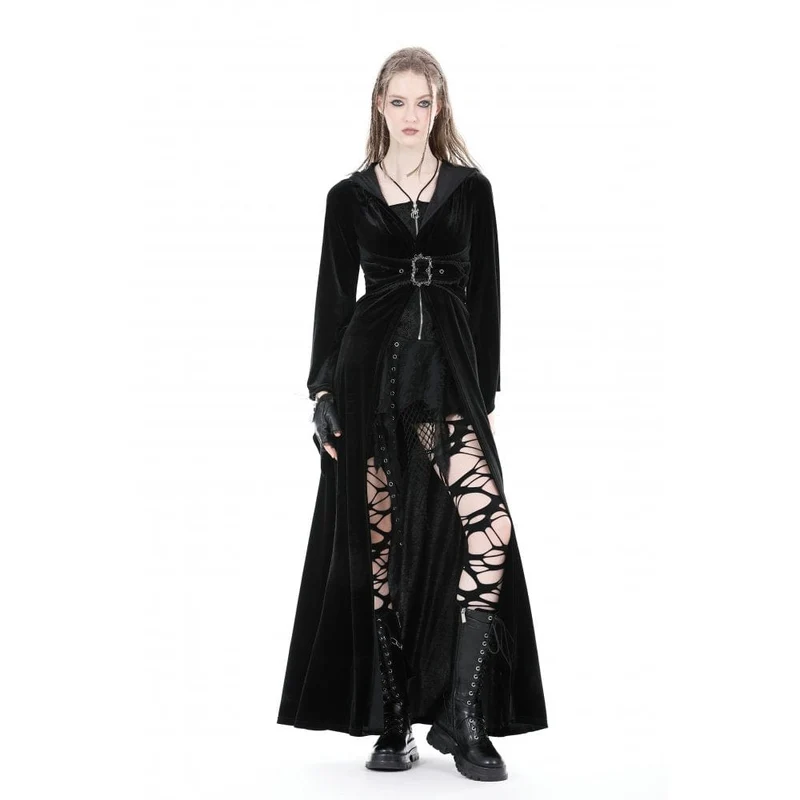 Damen-Gothic-Samtmantel mit ausgestellten Ärmeln, Schnalle und Kapuze