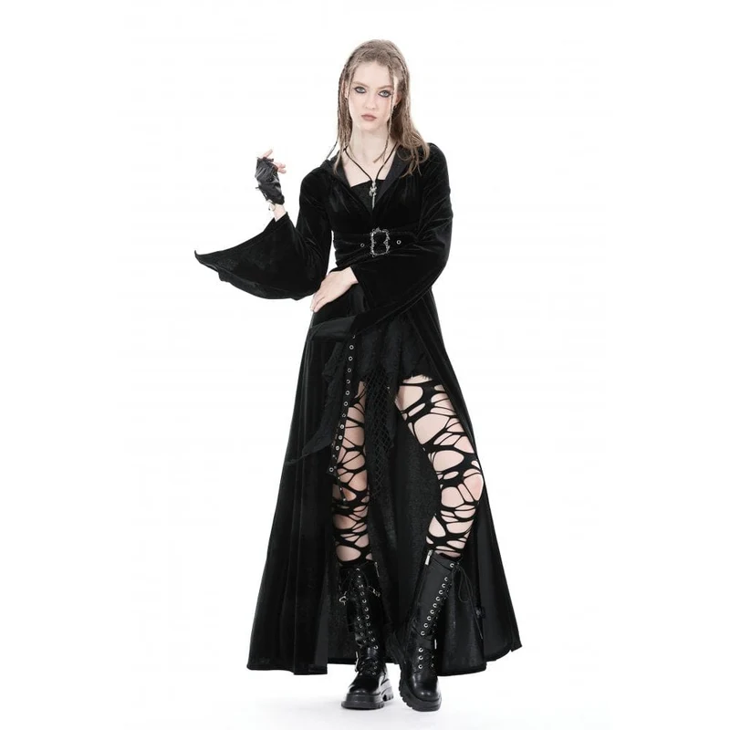 Damen-Gothic-Samtmantel mit ausgestellten Ärmeln, Schnalle und Kapuze