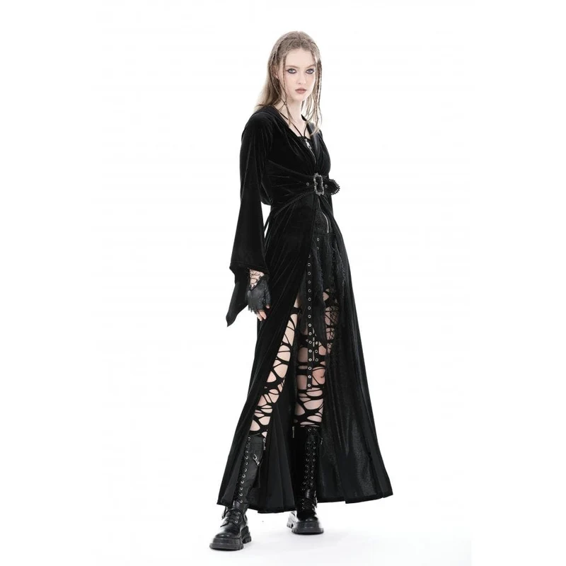 Damen-Gothic-Samtmantel mit ausgestellten Ärmeln, Schnalle und Kapuze