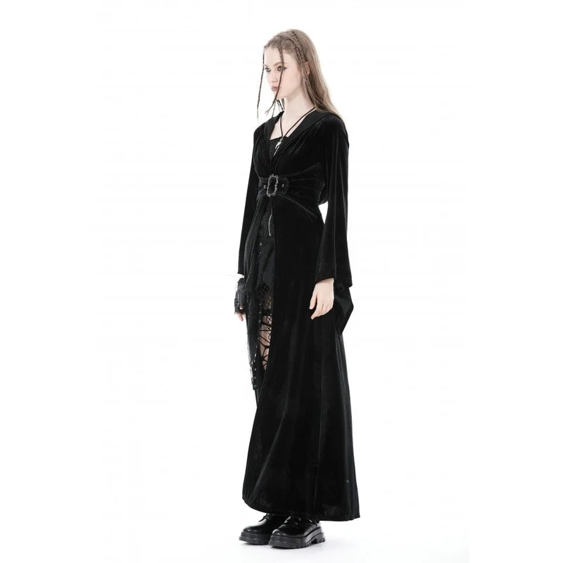 Damen-Gothic-Samtmantel mit ausgestellten Ärmeln, Schnalle und Kapuze