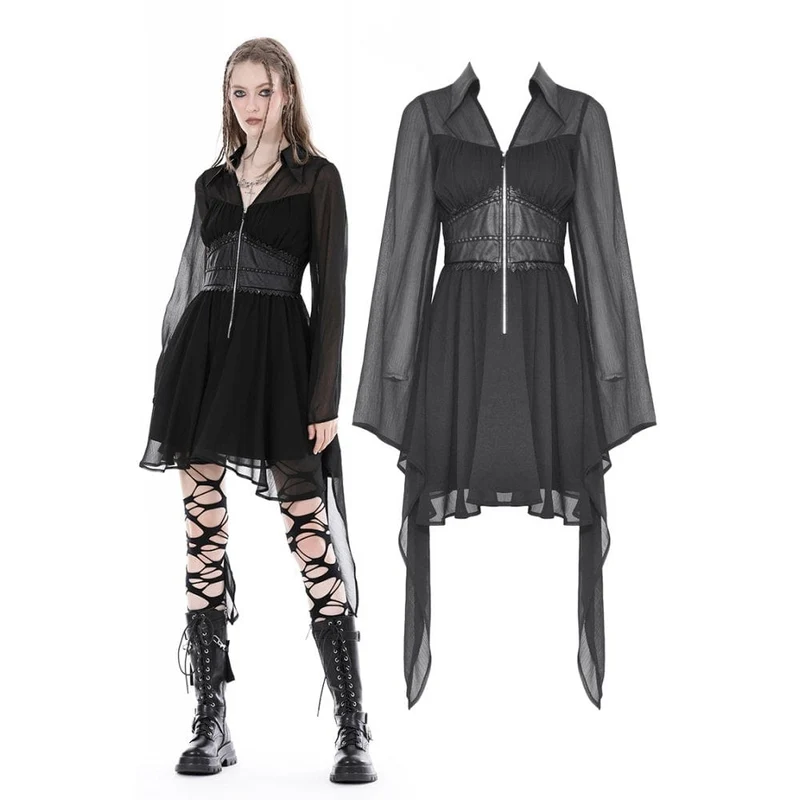 Damen-Gothic-Kleid mit unregelmäßigen, ausgestellten Ärmeln und tiefem Ausschnitt