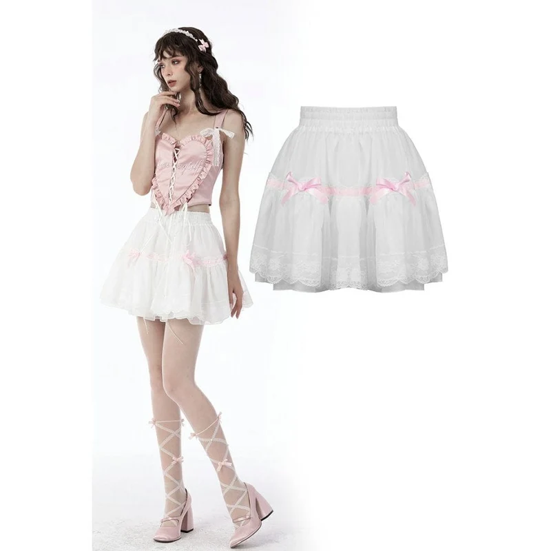 Frauen Lolita Bowknot Multilayer Mesh Kurzer Rock Weiß