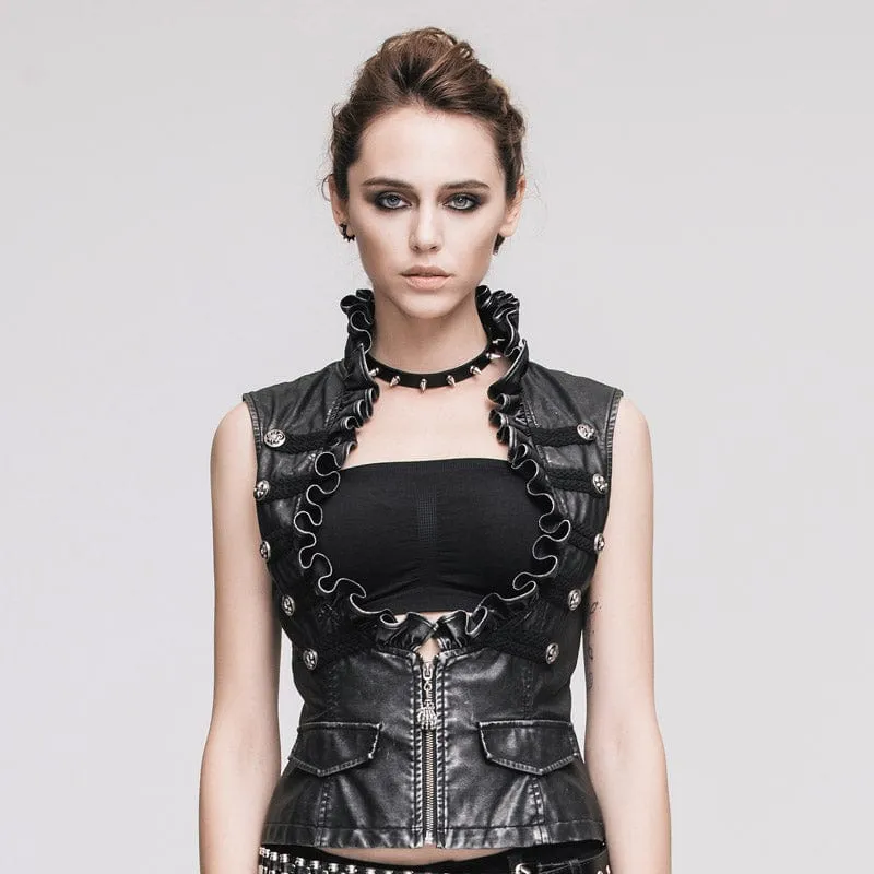 Damen Punk Kunstleder Weste mit Leder Rüschen