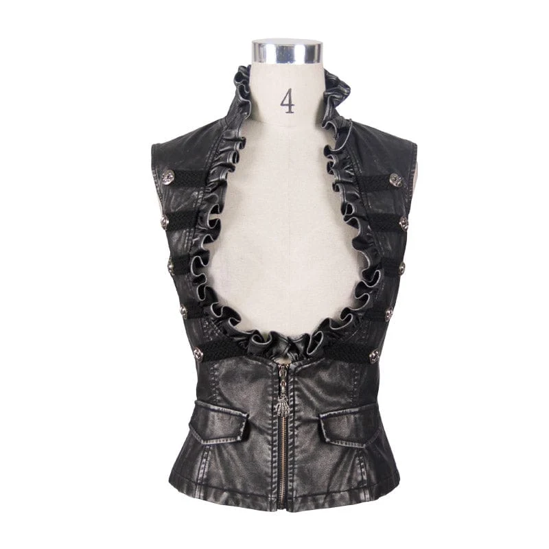 Damen Punk Kunstleder Weste mit Leder Rüschen