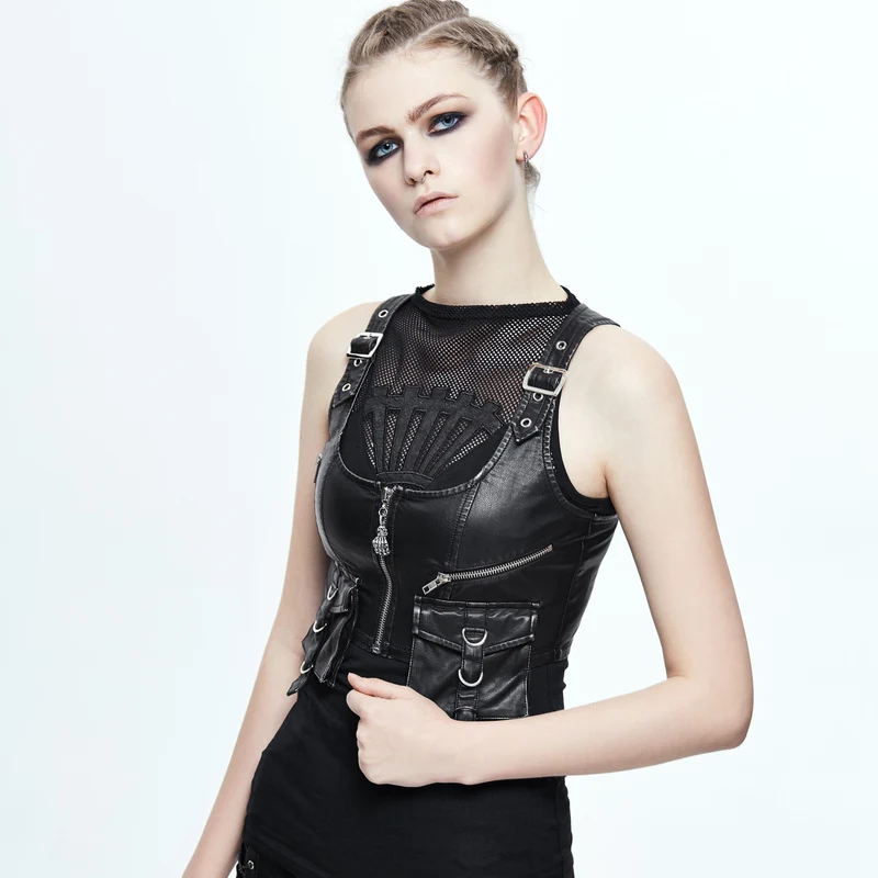 Kunstlederweste im Punk-Militärstil für Damen mit Taschen