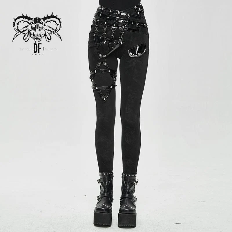 Damen-Punk-Pentogramm-Leggings mit Kunstlederband