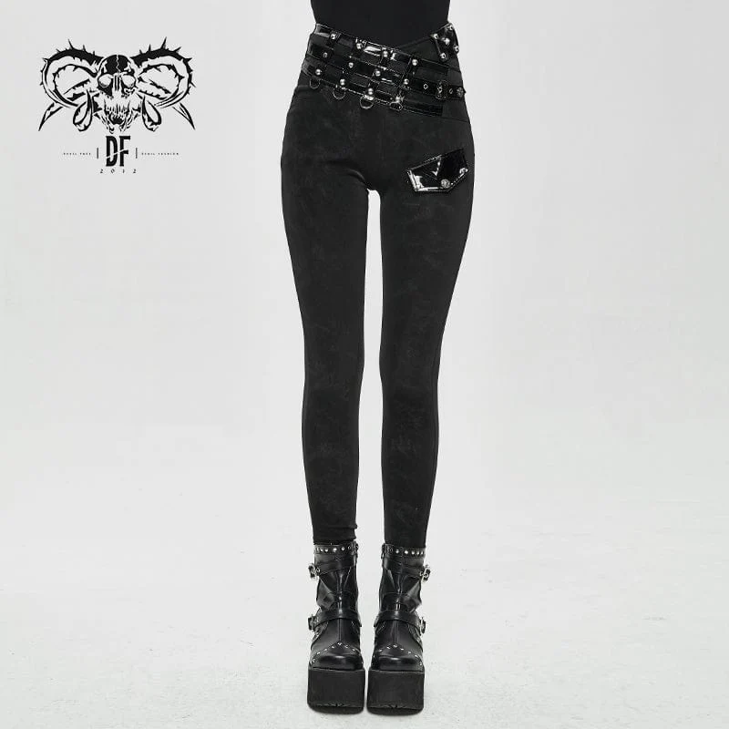 Damen-Punk-Pentogramm-Leggings mit Kunstlederband