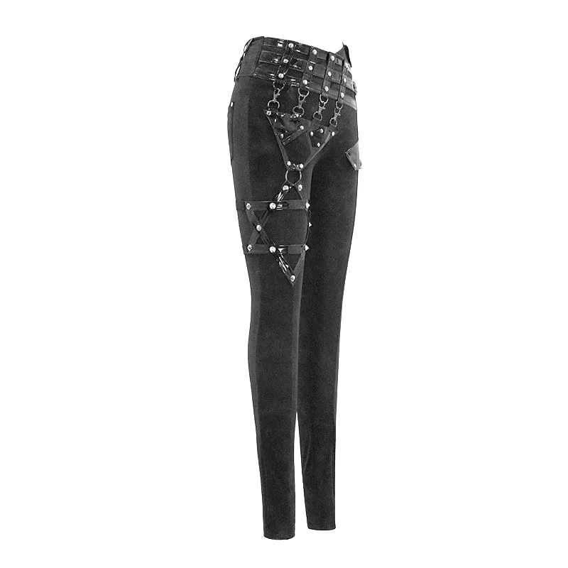 Damen-Punk-Pentogramm-Leggings mit Kunstlederband
