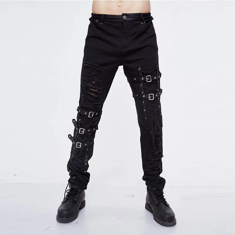 Herren Punk Ripped Straps Hose mit geradem Bein