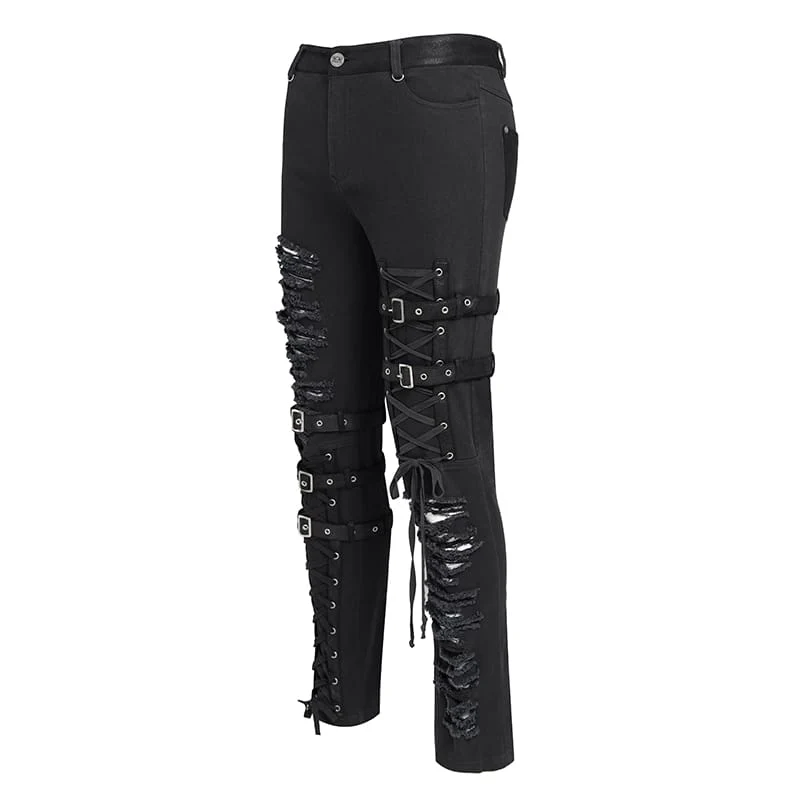 Herren Punk Ripped Straps Hose mit geradem Bein