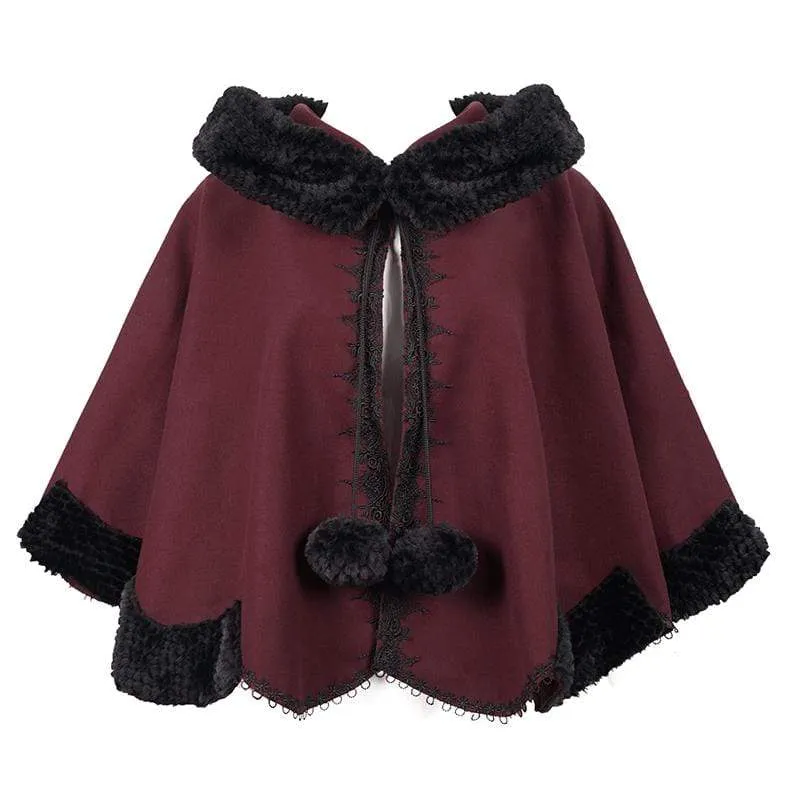 Gothic Blumenstickerei Spleiß Cape für Damen mit Kapuze Rot