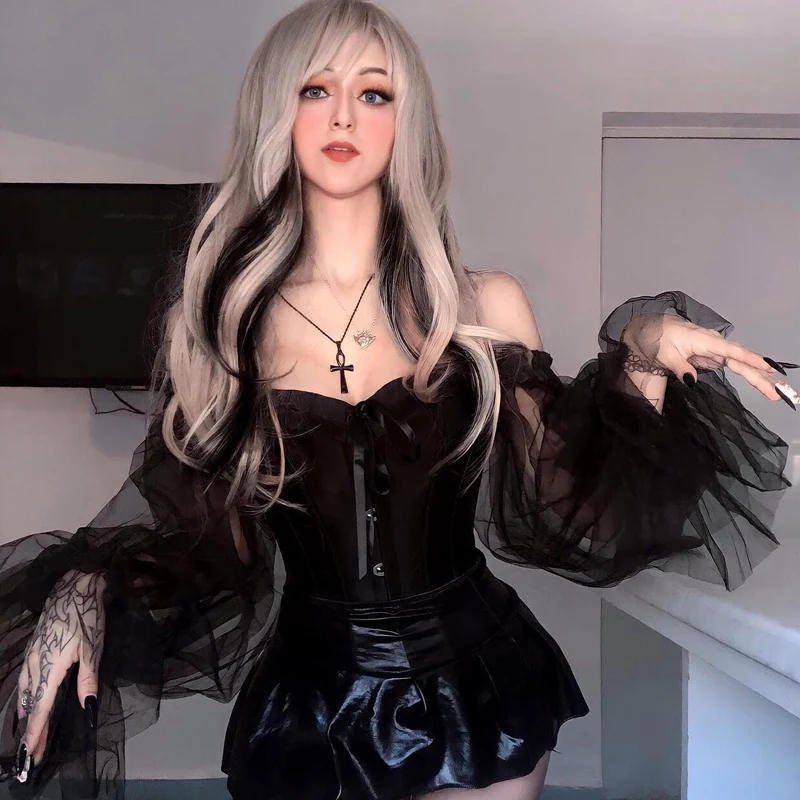 Damen Gothic Vintage Mesh Ärmel Vollbrust Korsett