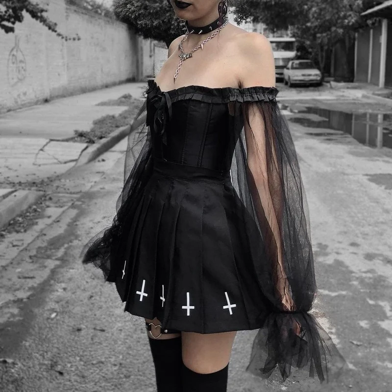 Damen Gothic Vintage Mesh Ärmel Vollbrust Korsett
