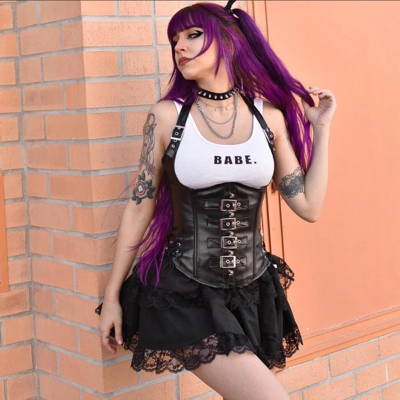 Damen Gothic Punk Neckholder Schnallen Unterbrustkorsett