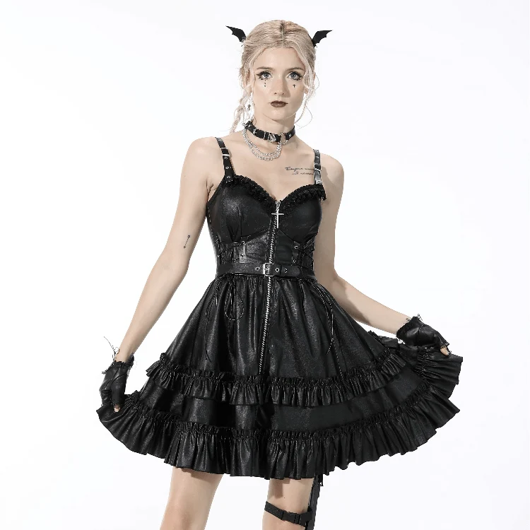 Schwarzes Gothic-Kleid aus Kunstleder mit mehreren Lagen und Schnallen für Damen, Abschlusskleid