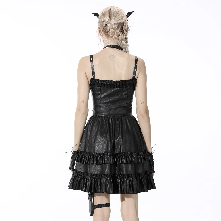 Schwarzes Gothic-Kleid aus Kunstleder mit mehreren Lagen und Schnallen für Damen, Abschlusskleid