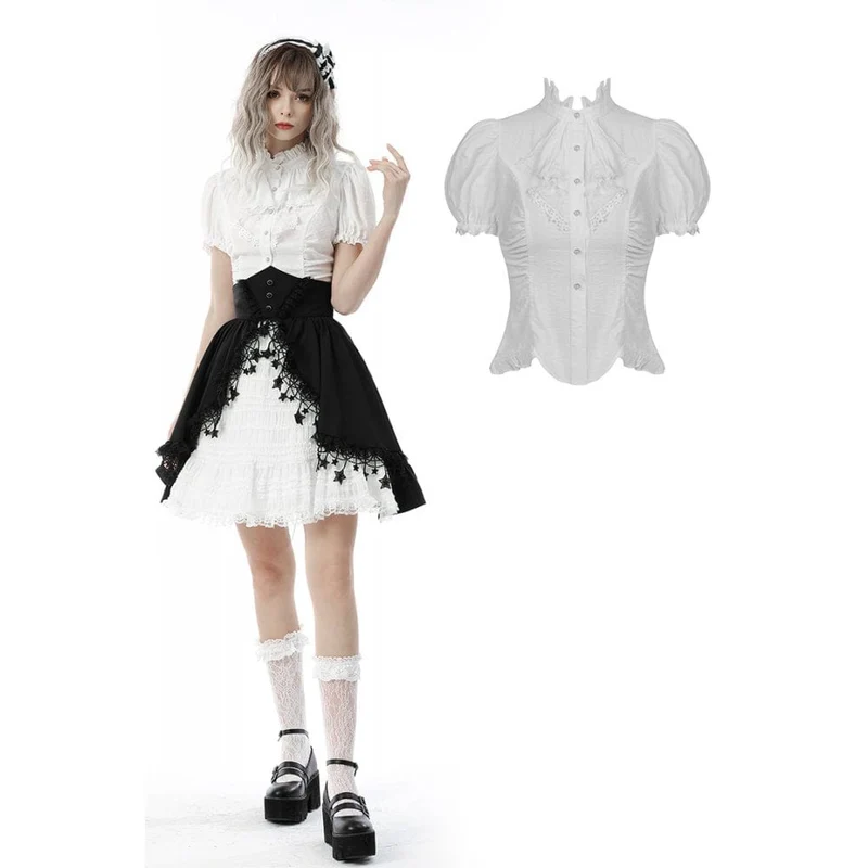 Damen Gothic Rüschen Kurz Puffärmel Shirt Weiß