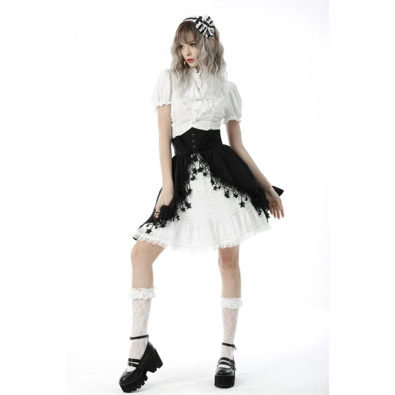 Damen Gothic Rüschen Kurz Puffärmel Shirt Weiß