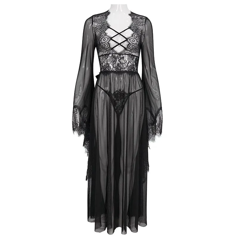 Gothic Flare Sleeved Backless Sheer Sexy Nachthemd für Damen