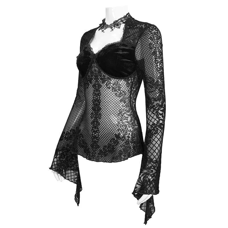 Gothic Cutout Flare Sleeved Lace Shirt für Damen