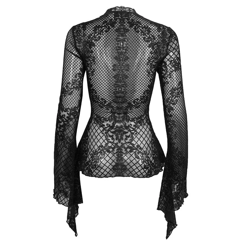 Gothic Cutout Flare Sleeved Lace Shirt für Damen