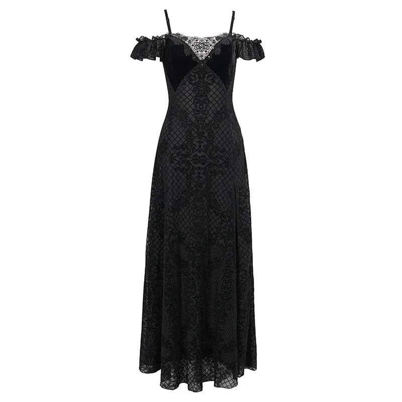 Schulterfreies Gothic-Hochzeitskleid mit seitlichem Schlitz und floraler Spitze für Damen